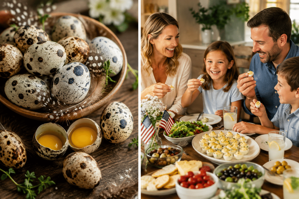 Left panel shows speckled eggs in a wooden basket with cracked shells on a dark table; right panel shows a smiling family at a table enjoying appetizers during a holiday meal.