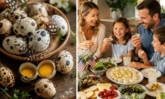 Left panel shows speckled eggs in a wooden basket with cracked shells on a dark table; right panel shows a smiling family at a table enjoying appetizers during a holiday meal.